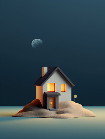 3d render of a house on the sand with a moon backgroundの素材