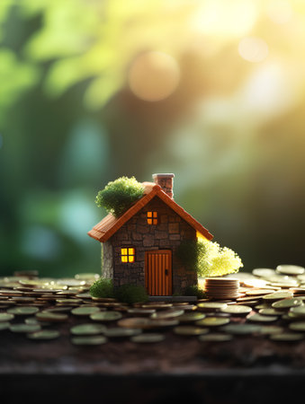 Miniature house and coins on green bokeh background. Real estate conceptの素材