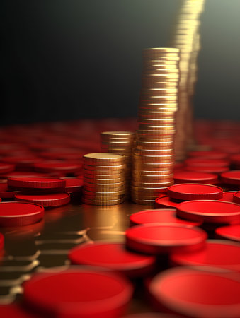 3d illustration of red coins stack over dark background with copy spaceの素材