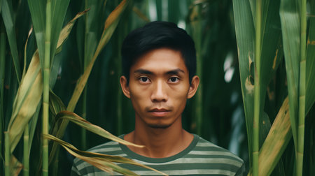 Portrait of a young asian man in a cornfield.の素材