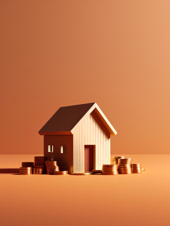 Real estate concept with wooden house and coins. 3D illustration.の素材
