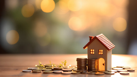 Miniature house with coins on bokeh background, Saving money for buy a house concept.の素材