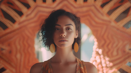 Portrait of a beautiful young woman with curly hair in orange dress.の素材