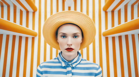 Fashion portrait of beautiful young woman in hat and striped shirt.の素材