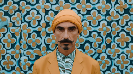 Portrait of an Indian man in a turban and a yellow suitの素材
