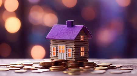 House model and coins on bokeh background. Real estate concept.の素材