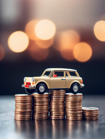 Miniature car on coins stack and bokeh background. Saving money conceptの素材
