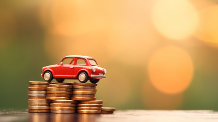 Miniature red car on stack of coins with bokeh backgroundの素材