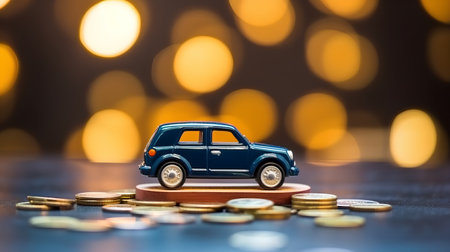 Miniature car with coins on bokeh background. Business and finance concept.の素材