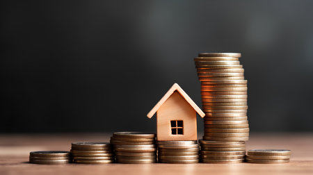 House model and stack of coins on wooden table with dark background.の素材