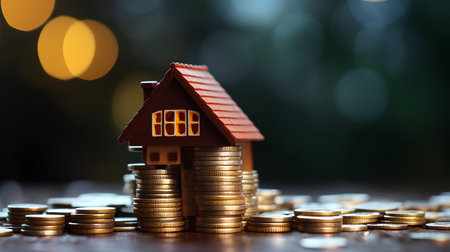 House model on stack of coins with bokeh background. Real estate investment and saving money concept.の素材