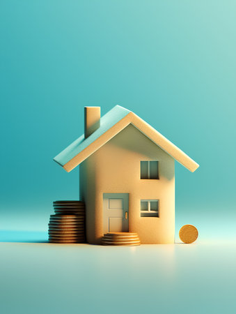 House and coins on a blue background. 3d rendering. Business concept.の素材