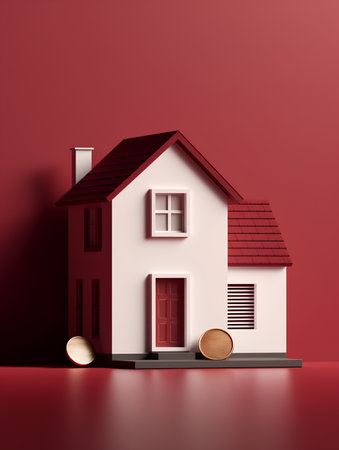 3d rendering of a house on a red background. 3d illustration.の素材