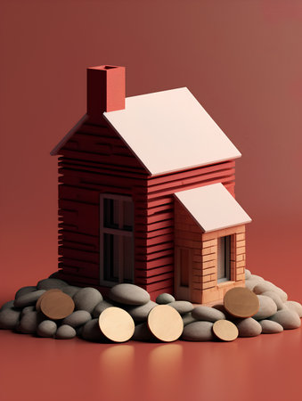 3d render of a small house with a pile of stones on a red backgroundの素材