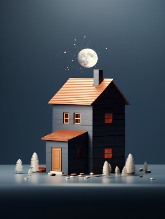 illustration of christmas background with wooden house and full moon.の素材