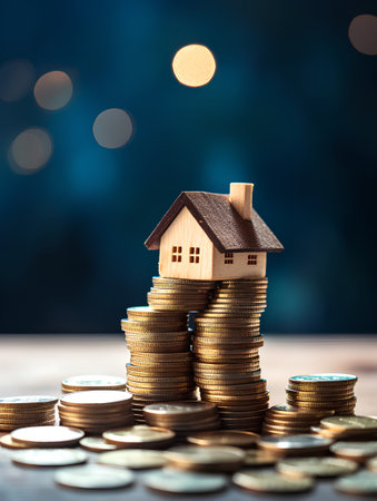 House model on coins stack with bokeh light background, saving money for buy a house concept.の素材