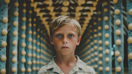 Portrait of a boy with blue eyes in an amusement park.の素材