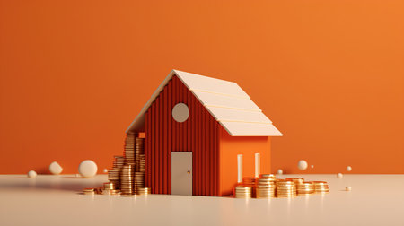 Real estate concept. 3d render of house on orange background.の素材