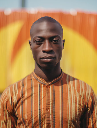Portrait of a handsome young African man in a striped shirt.の素材