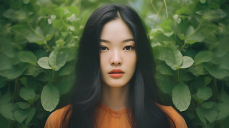 Portrait of a beautiful young asian woman with long black hairの素材
