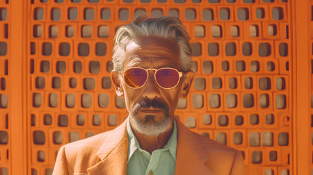 Handsome middle-aged man with gray hair and beard wearing stylish sunglasses on orange backgroundの素材