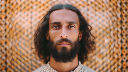 Portrait of a handsome man with long hair and beard. Men's beauty, fashion.の素材