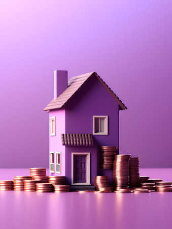 House with stack of coins on purple background. 3D rendering.の素材