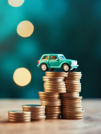 Car on stack of coins with bokeh background. Saving money conceptの素材