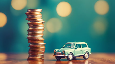Miniature car on stack of coins with bokeh background, business and finance conceptの素材