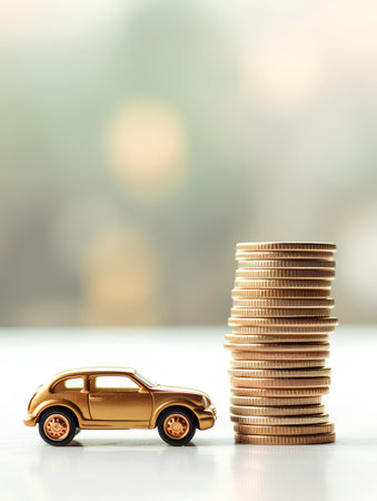 Gold coins stack and toy car on bokeh background, Business and finance conceptの素材