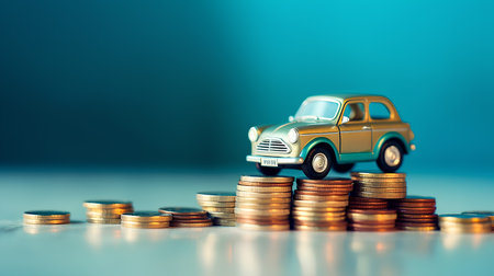 Miniature toy car on stack of coins. Business and finance concept.の素材