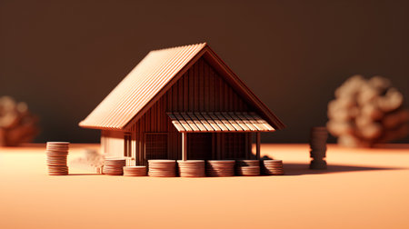 Real estate concept. House model with coins stacks. 3d renderの素材