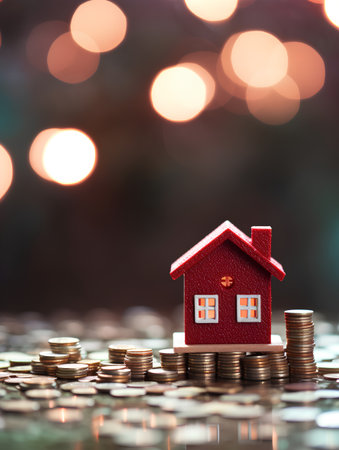 House model and coins on bokeh background, Saving money for buy a house concept.の素材