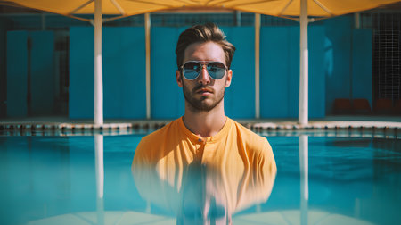 Portrait of handsome young man in sunglasses standing near the swimming poolの素材
