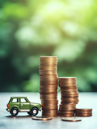 Miniature car and coin stack on blur green nature background, saving money for car conceptの素材