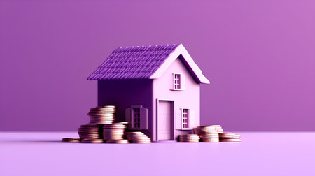 House with stack of coins on purple background. 3D rendering.の素材
