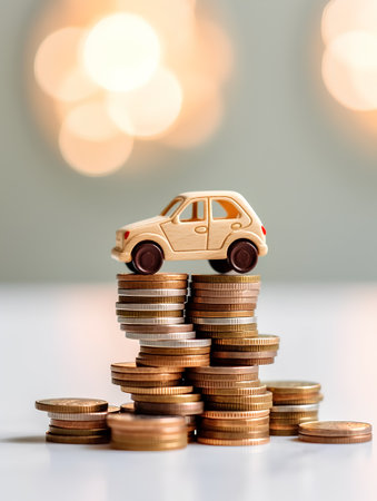 Coins stack and toy car on table with bokeh backgroundの素材