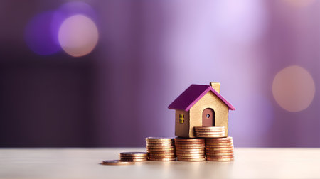House model on stack of coins with bokeh background. Property investment and saving concept.の素材
