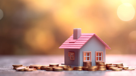 House model and coins on bokeh background. Real estate concept.の素材