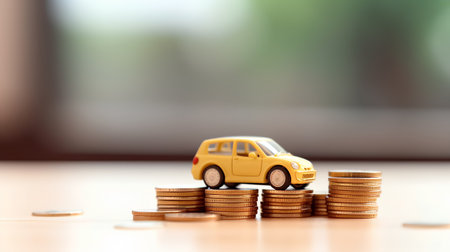 Miniature car and coin stack on blurred background, Saving money for buy a car conceptの素材