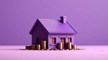 House with coins on a purple background. 3d render illustration.の素材