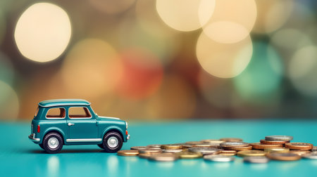 Miniature car with coins on the background of bokeh.の素材