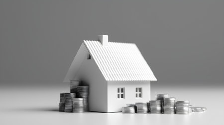 House and coins on a gray background. 3d render illustration.の素材