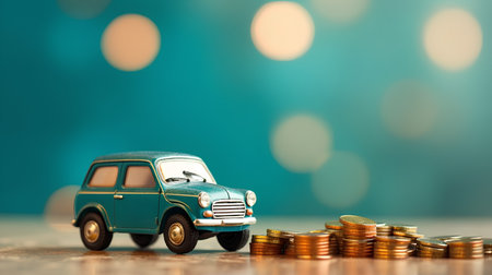 Miniature toy car with coins stack and bokeh background.の素材