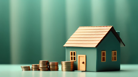 House model and coins. Real estate concept. 3D illustration.の素材