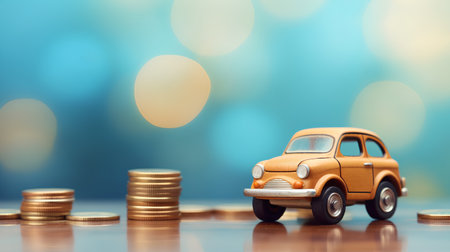 Miniature car with coins on blue bokeh background, business and finance conceptの素材