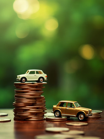 Car model on stack of coins with blurred green background, business and finance conceptの素材