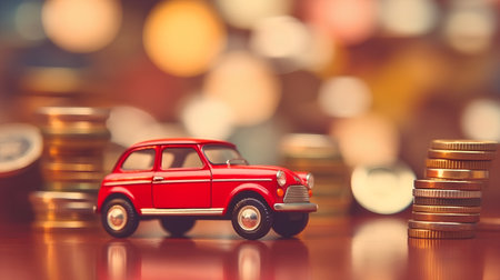 Retro car and coins on bokeh background, vintage styleの素材