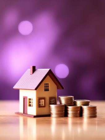 House model and stack of coins on bokeh background. Real estate conceptの素材