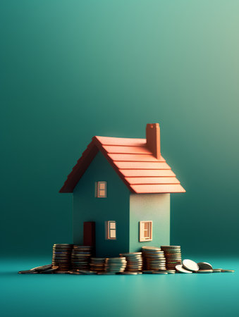 Real estate concept. House model and coins. 3D illustration.の素材